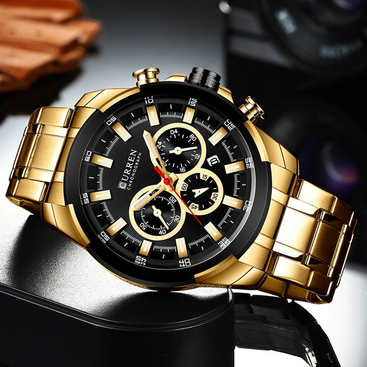 CURREN Men’s Luxury Military Chronograph Watch - Gold Design Quartz Wristwatch for Sports and Style